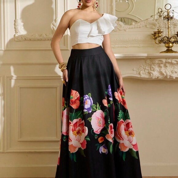 Black Elegant Women's Waist-Accented Patchwork A-Line Satin Skirt - Picture 6 of 7